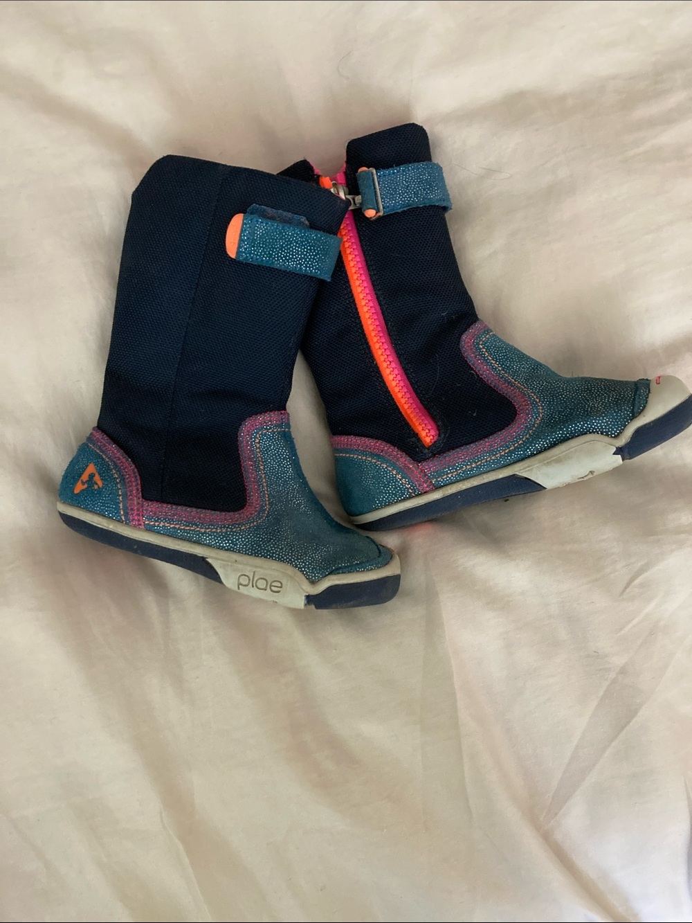 PLAE Navy and Teal Kids Zip Boots with Pink and Orange Trim